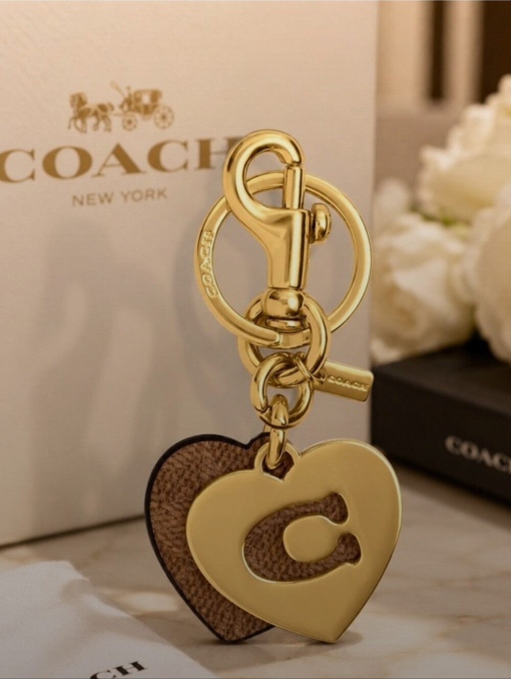 Coach Heart Charm Keychain in Gold and Brown/ GORGEOUS!